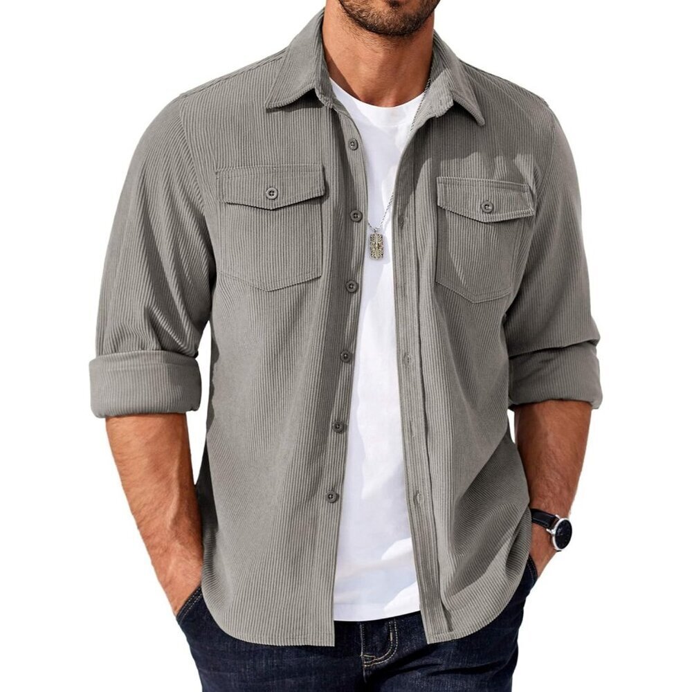 Coofandy Men Light Gray Corduroy Button Down Lightweight Jacket with Flap Pocket